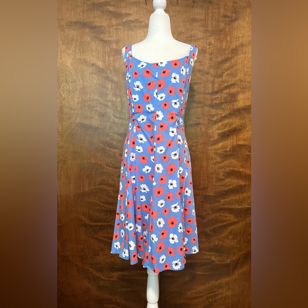Anne Klein "Aster" Sleeveless Seamed A-Line Dress Womens 12 Blue Poppy Floral